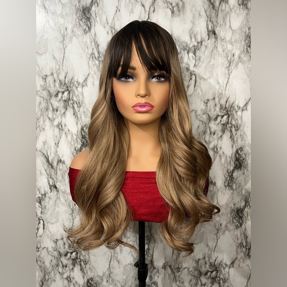 BALAYAGE MEDIUM BLONDE 26 Inch Chocolate Wavy Wig with bangs for daily wear - Picture 1 of 13